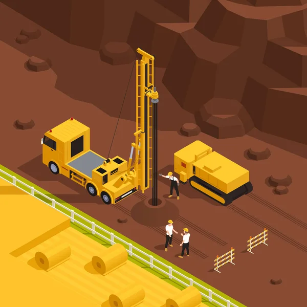 Well Drilling Process Rig Workers Non Urban Area Isometric Vector — Stock Vector