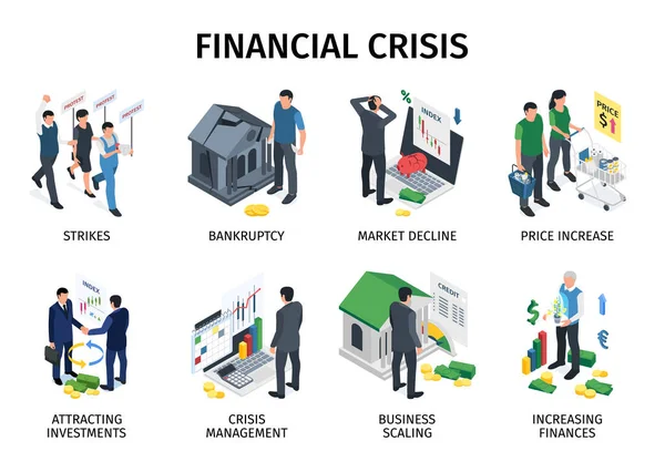 Iconos Isométricos Crisis Negocio Establecidos Con Declinación Del Mercado Símbolos — Archivo Imágenes Vectoriales