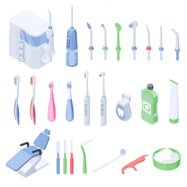 Dental Hygiëne Isometrische Set Van Tandzijde Elektrische Gebruikelijke Tandenborstels Mondstukken — Stockvector