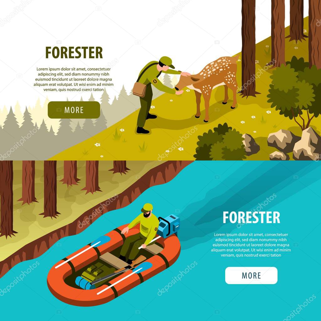 Isometric forester banner set with ranger in forest and river isolated vector illustration