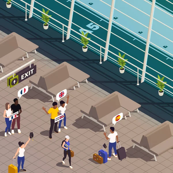 全球教育学生交换等距组成 室内观察机场旅客大堂 附有人物形象矢量图解 — 图库矢量图片