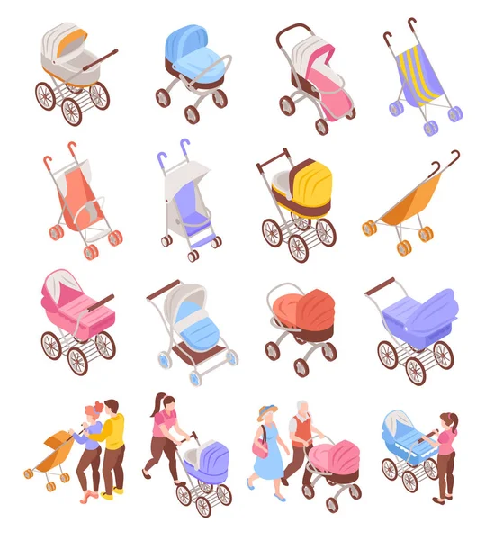 Isometric Baby Carriage Icons Set Parents Pushing Strollers Isolated Vector — Stock Vector