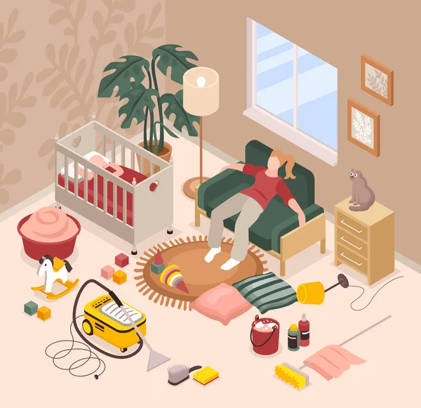 Woman Baby Room Tired Housework Motherhood Isometric Vector Illustration — Stock vektor