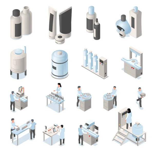 Set Met Geïsoleerde Isometrische Cosmetische Productie Pictogrammen Met Uitzicht Fabriek — Stockvector