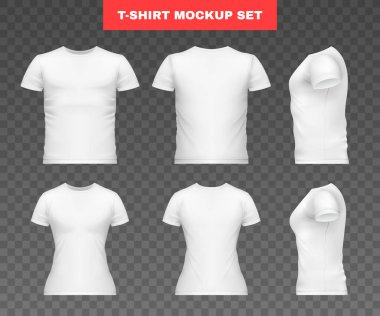 Gerçekçi t-shirt modelleme şablonu simgesi beyaz erkek ve kadınları farklı açı vektör illüstrasyonundan dar t-shirt 'lere ayarla