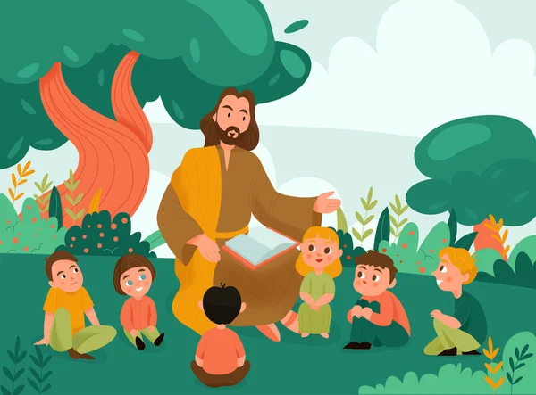 Jésus Christ Les Enfants Fond Avec Des Symboles Bible Religion — Image vectorielle