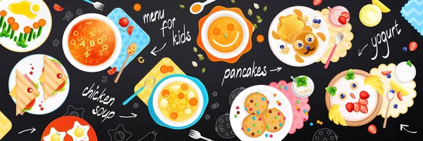 用黑板文字矢量图解印有各种甜食图像的儿童菜式食品平面构图 — 图库矢量图片