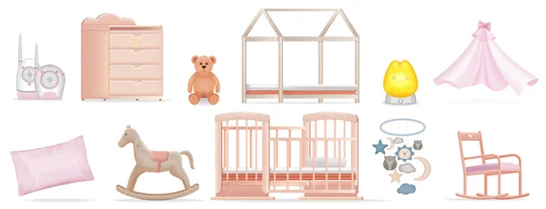 Ensemble Réaliste Éléments Pour Chambre Bébé Avec Mobilier Mignon Décoration — Image vectorielle