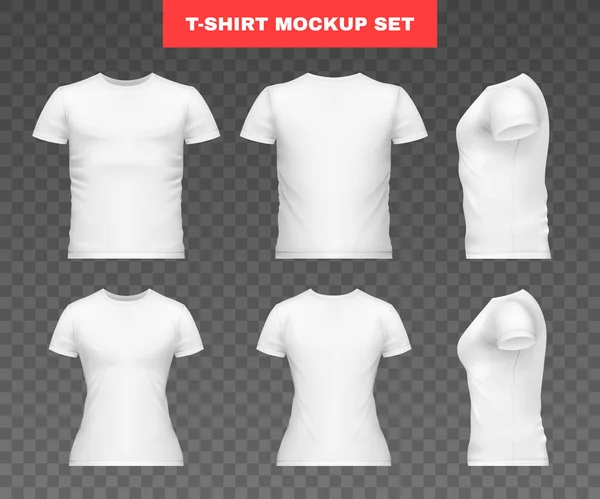 Gerçekçi Shirt Modelleme Şablonu Simgesi Beyaz Erkek Kadınları Farklı Açı — Stok Vektör