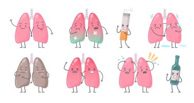 İnsan organı karakterleri, izole edilmiş alkol şişeli insan akciğeri görüntüleri ve sigara vektör çizimi.