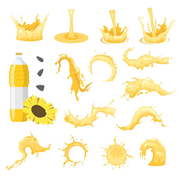 Pouring sunflower oil splashes flat icons set isolated vector illustration