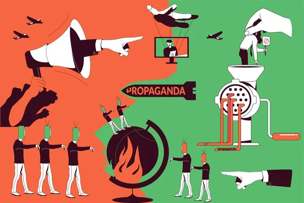 Propaganda Ploché Vektorové Ilustrace Demonstroval Lidé Postavy Gadgets Místo Hlavy — Stockový vektor