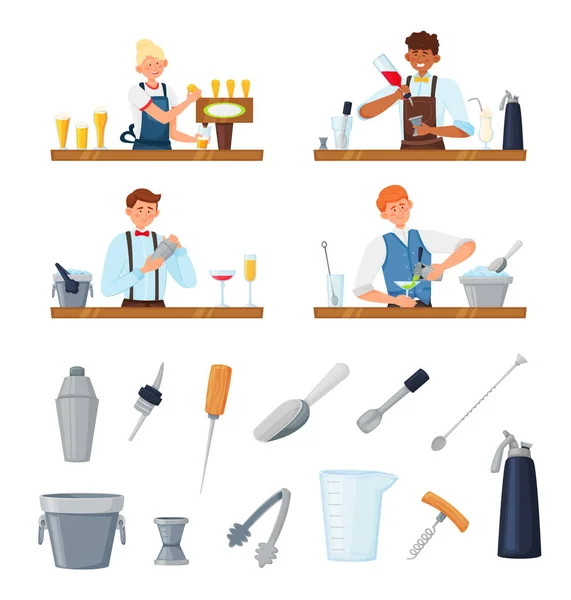 Set Isolated Barman Bartender Equipment Flat Icons Images Scoops Buckets — Stock vektor