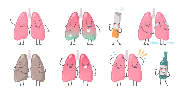 Personagens Órgãos Humanos Cartoon Set Com Imagens Isoladas Pulmões Humanos —  Vetores de Stock