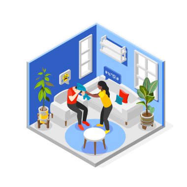 İstismar sembolleri vektör illüstrasyonlu ev içi şiddet izometrik kavramı