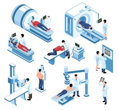 Isometric ultrason xray tarama teşhis simgesi tıbbi cihazlar vektör ilüstrasyonunun yardımıyla hastalıkların çeşitli teşhis türlerini ayarlar