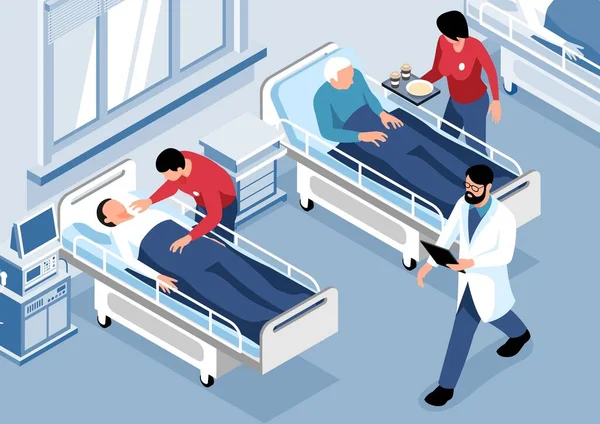 Isometrische Wohltätigkeitsarbeit Mit Menschen Die Kranke Männer Krankenhaus Betreuen Vektor — Stockvektor