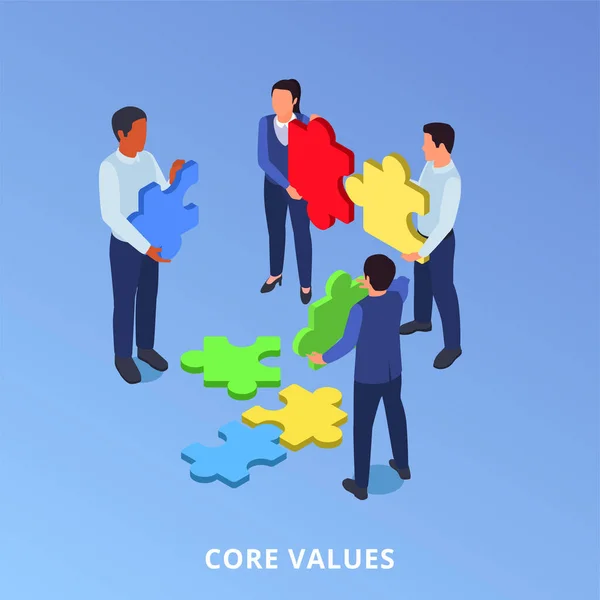 Corporate Culture Isometric Concept Business People Assembling Puzzle Vector Illustration — Vetor de Stock