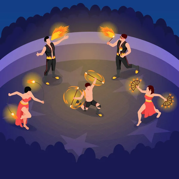 Fireshow People Isometric Composition Fire Dance Show Symbols Vector Illustration — ストックベクタ