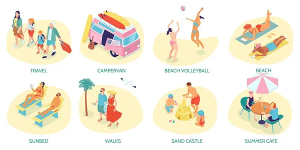 Summer Vacation Composition Set Summer Cafe Symbols Isometric Isolated Vector — Vector de stock