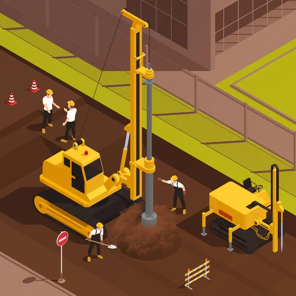 Workers Drilling Well Construction Site Urban Area Isometric Vector Illustration — Stok Vektör