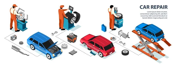 Servis Elemanı Ile Isometric Araba Onarım Bilgileri Onarım Araçları Vektör — Stok Vektör