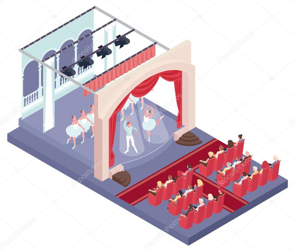 Theatre concept with ballet performance and scenery symbols isometric vector illustration