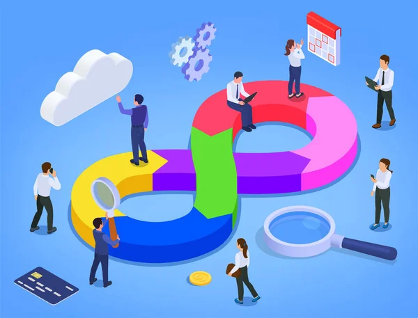 Devops Infographics Isometric Background Abstract Big Multicolored Infinity Sign Icons — Stock vektor