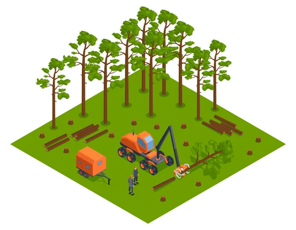 Isometric Deforestation Concept Woorworking Machinery Forest Vector Illustration — Stockvektor