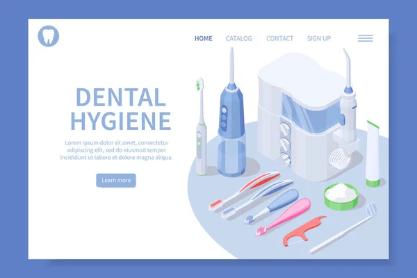 Dental Hygiene Isometric Landing Page Depicting Equipment Tools Products Keeping — Stock Vector