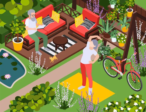 Senior Healthcare Healthy Aging Composition Outdoor Backyard Garden Scenery Aged — Stock Vector