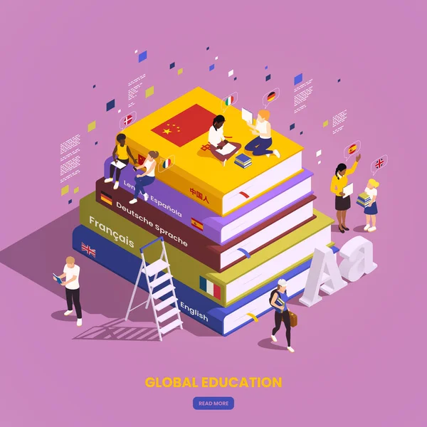 Global Education Student Exchange Isometric Composition View Books Stack Surrounded — Stockvektor