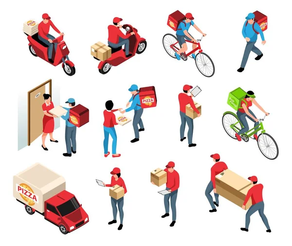 Delivery Isometric Set Couriers Parcels Riding Scooter Bicycle Delivering Order — Vetor de Stock