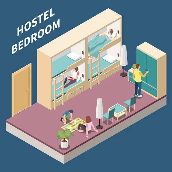 Hostel Bedroom Indoor Interior Two Level Beds Sleep Rest Travel — Vector de stock