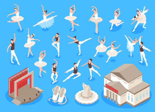 Isometric ballet icons set with theatre building and dancing costumes isolated vector illustration