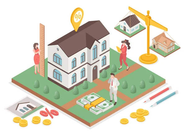 Real Estate Appraisal Isometric Composition Agents Making Price Estimation Vector — Stockvector