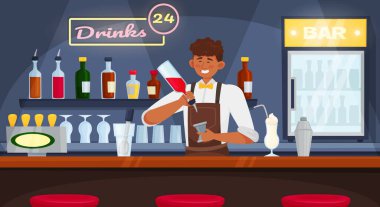 Barmen ekipmanı düz kompozisyon, barın önünde barmen vektör illüstrasyonunun karalama karakteri var.