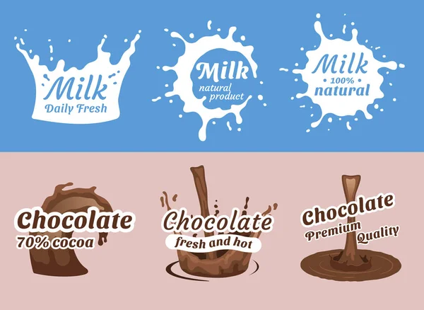 Verter Leche Chocolate Caliente Salpicaduras Emblemas Planos Conjunto Aislado Vector — Vector de stock