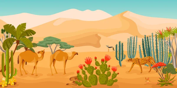 Desert Vízszintes Poszter Tevék Leopárd Rajzfilmfigurák Homokos Dűnék Kaktuszok Táj — Stock Vector