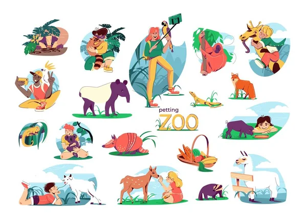 Petting Zoo Flat Set Isolated Compositions Exotic Animals Direct Contact — Wektor stockowy