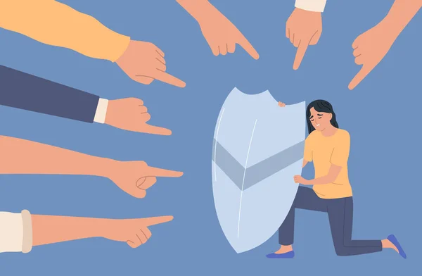 People Fighting Bulling Concept Woman Hiding Shield Flat Vector Illustration — Vector de stock