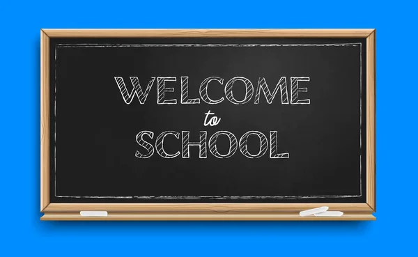 School Chalkboard Hand Drawn Text Welcome School Blue Wall Realistic — Stock Vector