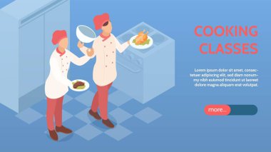 Yemek pişirme sınıfı sembolleri vektör illüstrasyonlu izometrik yatay afiş