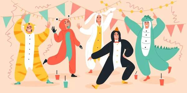 Kigurumi Pyjama Komposisi Pesta Lima Teman Pesta Dengan Minuman Dan - Stok Vektor