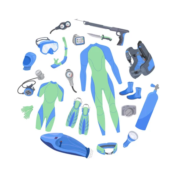 Diving Equipment Composition Isolated Icons Wet Suit Parts Masks Air — Wektor stockowy