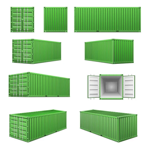 Ρεαλιστικό Πράσινο Εμπορευματοκιβώτιο Που Θέα Από Διαφορετικές Πλευρές Λευκό Φόντο — Διανυσματικό Αρχείο