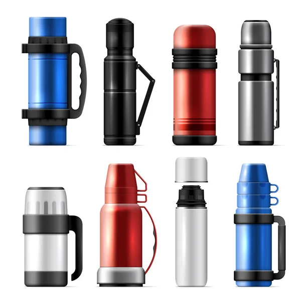 Realistic Thermos Icon Set Stylish Urban Hiking Thermoses Different Colors — Stock Vector