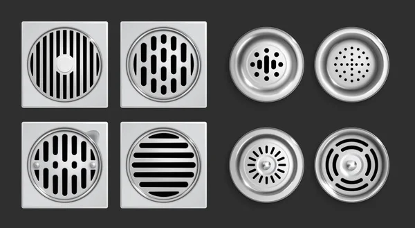 Realistische Drainage Roosters Pictogram Set Vierkante Ronde Drains Met Verschillende — Stockvector