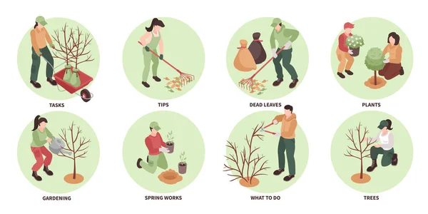 Gardening Isometric Set Compositions Men Women Performing Different Spring Works — Vector de stock