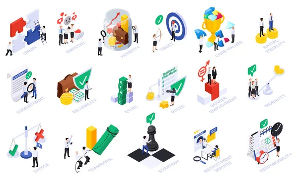 Business Ethics Isometric Set Isolated Conceptual Icons Human Characters Coworkers — 스톡 벡터